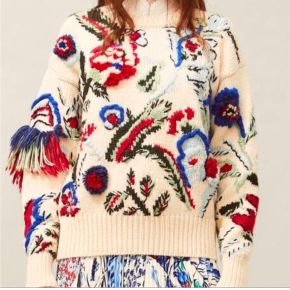 Tory Burch Hand Knit Intarsia Embroidered Runway sweater Large - Picture 6 of 10